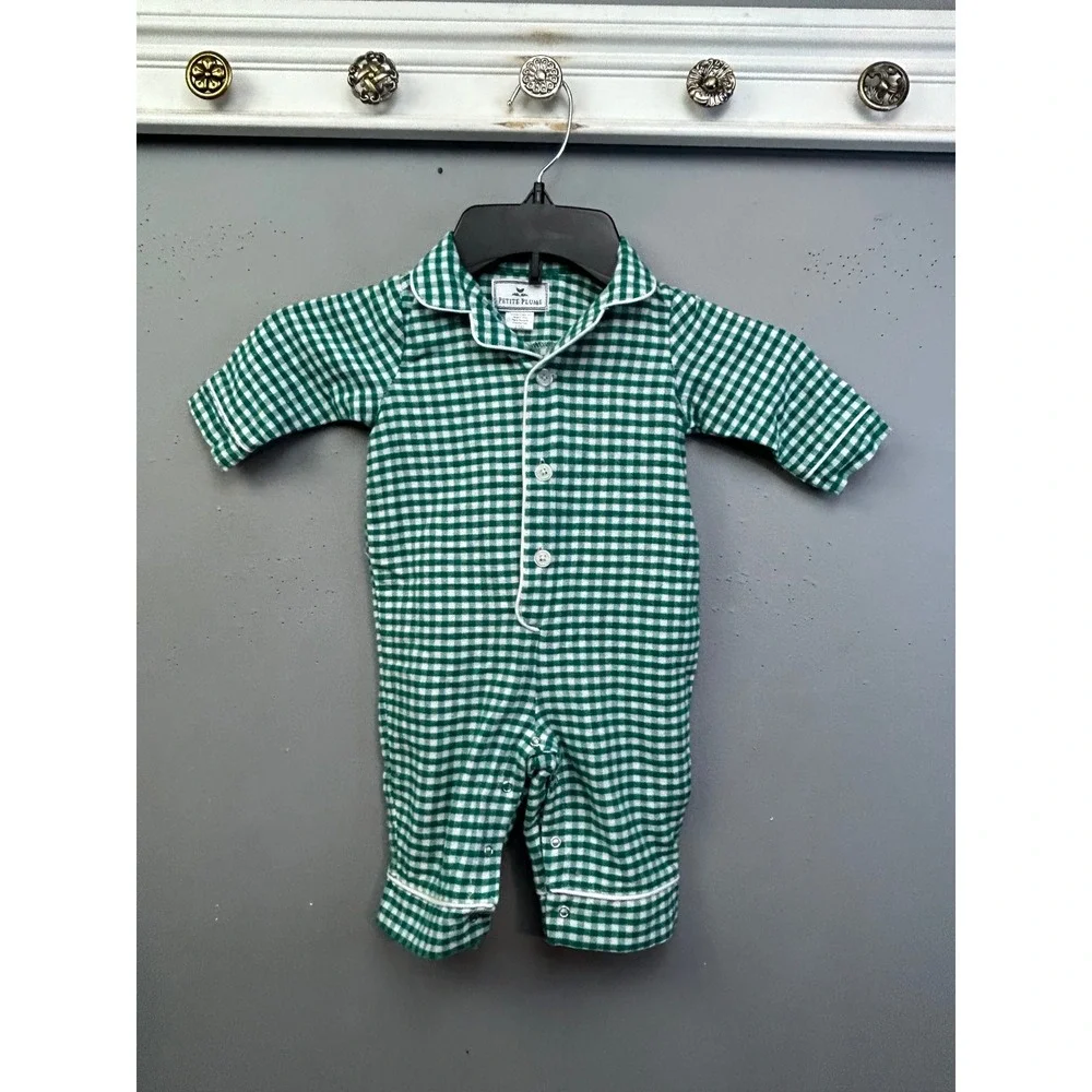 Petite Plume Pajamas Unisex 3/6M Green Gingham One Piece Button Snap Romper